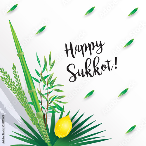 Happy Sukkot Greeting card. Sukkah, lulav and etrog, palm leaves frame. Israel Jewish Holiday Rosh hashanah, sukkot symbols vector greenery, foliage