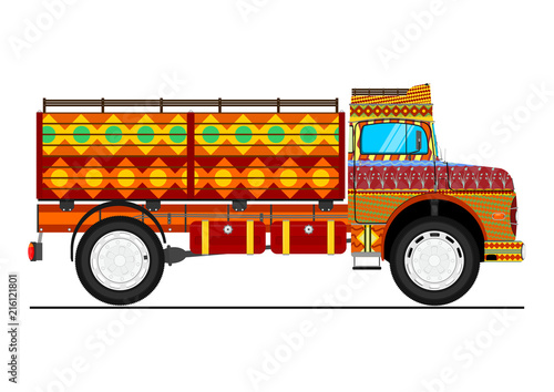 Jingle truck. Retro cartoon Indian decorated truck. Flat vector.