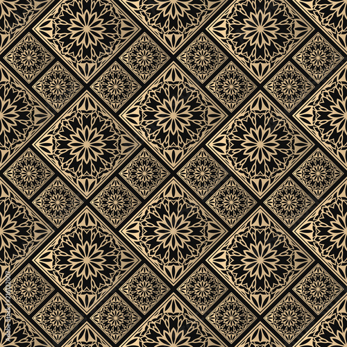 Seamless pattern oriental ornament. Black and golden textile print. Islamic vector design. Floral tiles.