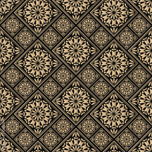 Seamless pattern oriental ornament. Black and golden textile print. Islamic vector design. Floral tiles.