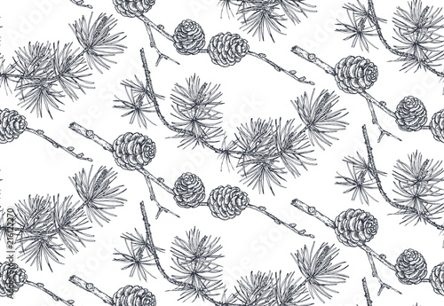 Vector background with hand drawn conifers trees in sketch style.