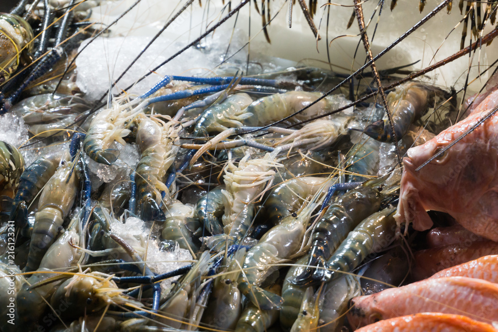 Fresh raw shrimp in night market, Thailand.