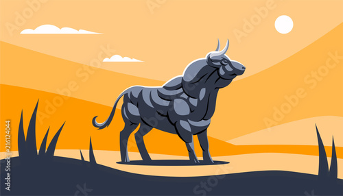 A muscular bull on  the orange background.