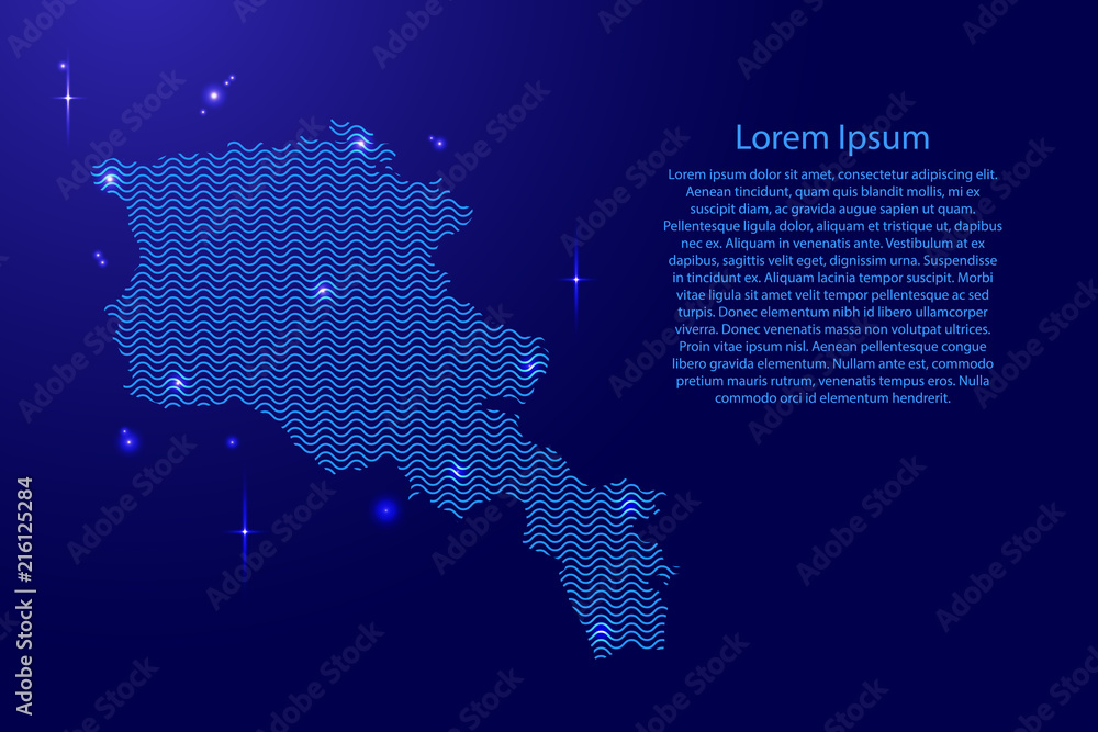 Obraz premium Armenia map country abstract silhouette from wavy blue space sinusoid lines and glowing stars. Contour state of creative luminescence curve. Vector illustration.