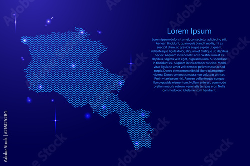 Armenia map country abstract silhouette from wavy blue space sinusoid lines and glowing stars. Contour state of creative luminescence curve. Vector illustration.