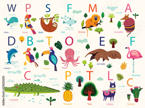 Funny alphabet with cute animals photo