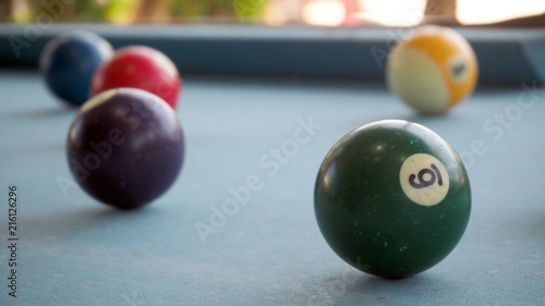 Old Billiard Balls   A Vintage style photo from a billiard balls in a pool table. Old Pool billiard.