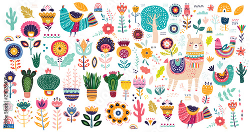Big vector collection with cute Llama, cacti and flowers. 