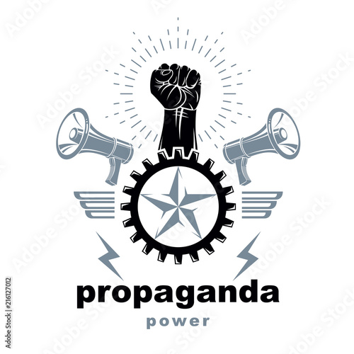 Vector leaflet created using clenched fists raised up, megaphone equipment and industrial gear element. Totalitarian utopia, ideological propaganda.