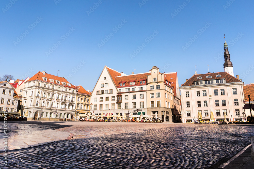 Town Hall Square (Raekoja Plats) in Tallinn, Estonia. Beautiful old town view in summer with restaurants and cafes.