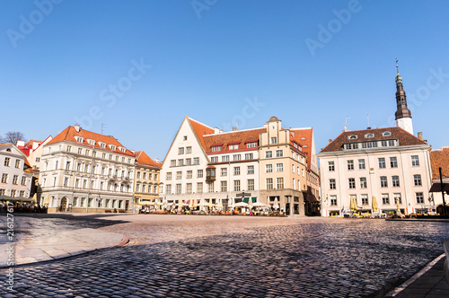 Town Hall Square (Raekoja Plats) in Tallinn, Estonia. Beautiful old town view in summer with restaurants and cafes.