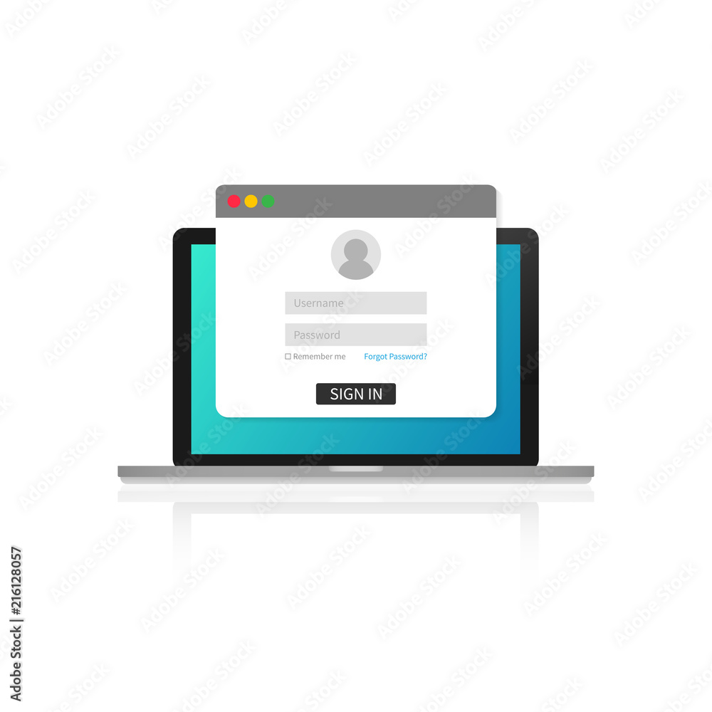Login page on laptop screen. Notebook and online login form, sign in page. User profile, access to account concepts. Vector illustration.