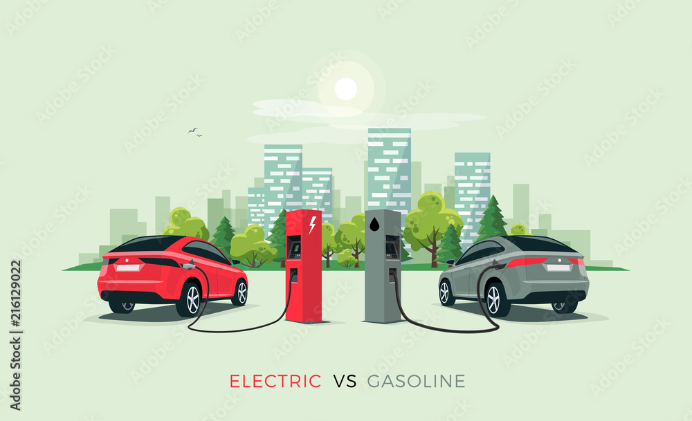 Vector illustration comparing electric versus gasoline car suv. Electric car charging at charger