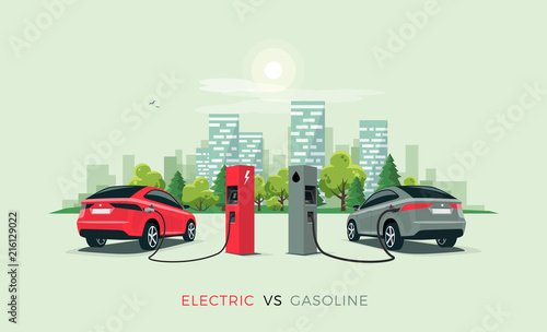 Vector illustration comparing electric versus gasoline car suv. Electric car charging at charger station vs. fossil car refueling petrol at gas station. City building skyline in the background.