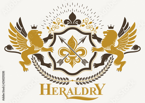 Fototapeta Naklejka Na Ścianę i Meble -  Heraldic Coat of Arms, vintage vector emblem made with imperial crown, mythic gryphon and lily flower