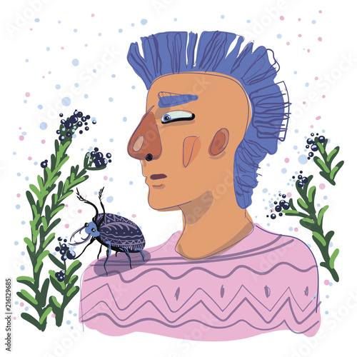 bluehaired boy with a big beetle on his shoulder photo