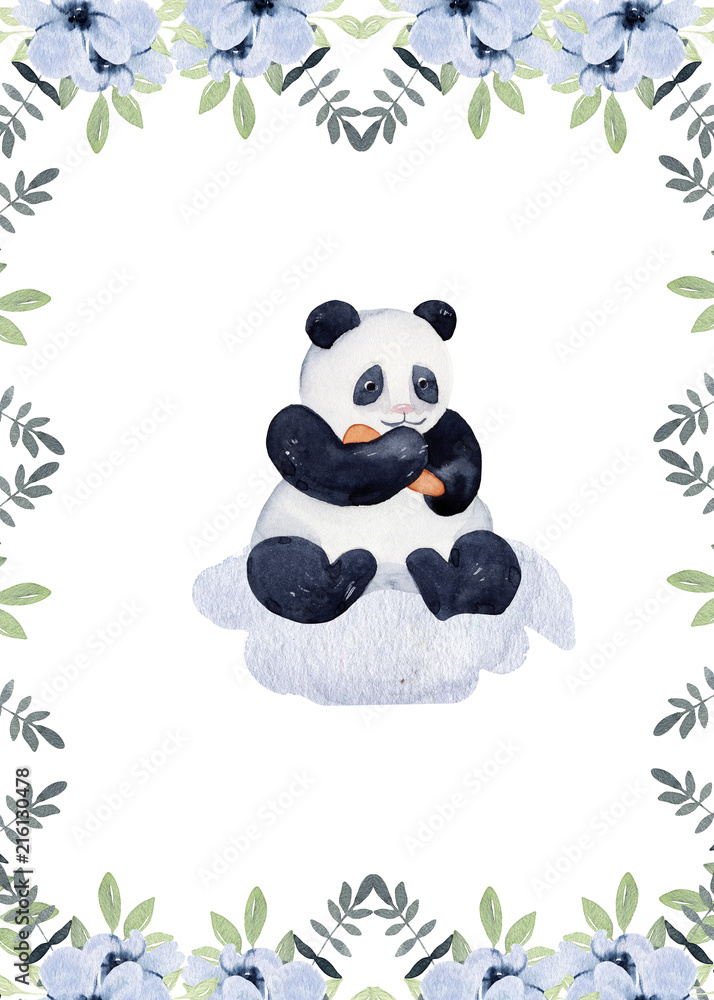 Plakat Baby panda watercolor illustration, mom