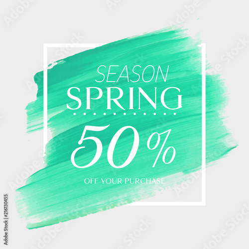 Spring Sale 50% off sign over watercolor art brush stroke paint abstract background vector illustration. Perfect acrylic design for a shop and sale banners.