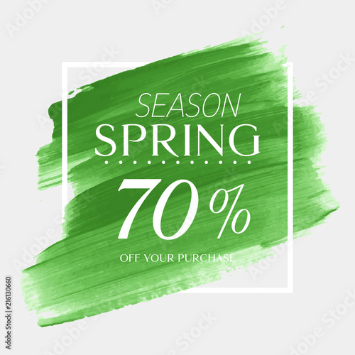 Spring Sale 70% off sign over watercolor art brush stroke paint abstract background vector illustration. Perfect acrylic design for a shop and sale banners.