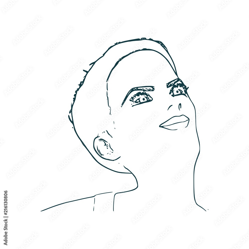 Face half turn view. Elegant outline silhouette of a female head. Portrait of a happy smiled woman Face half turn view. Elegant outline silhouette of a female head. Portrait of a happy smiled woman