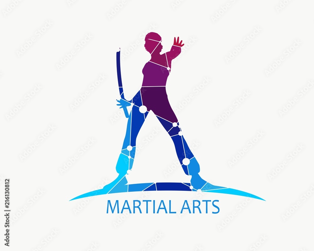 Fototapeta premium Martial art silhouette of woman in sword fight Kung Fu pose. Emblem for sport club. Textured by connected lines with dots.