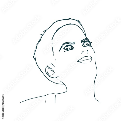 Face half turn view. Elegant outline silhouette of a female head. Portrait of a happy smiled woman