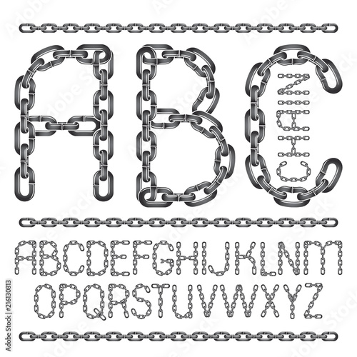 Set of vector English alphabet letters, abc isolated. Capital decorative font created using connected chain link.