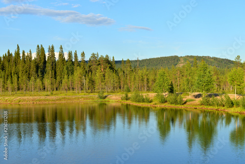 Summer landscape. Evening lake with trees reflection in Finnish Lapland