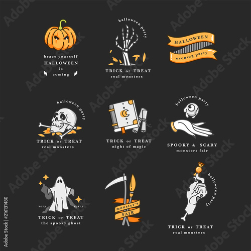 Vector illustartion set of linear icons for Happy Halloween. Badges and Labels for party and fair. Trick or treat stickers. Typography quotes.