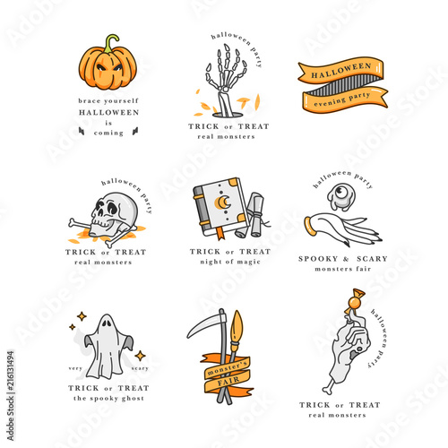 Vector illustartion set of linear icons for Happy Halloween. Badges and Labels for party and fair. Trick or treat stickers. Typography quotes.