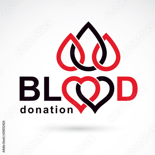 Blood donation inscription made with heart shape and blood drops. Charity and volunteer conceptual logo for use in medical and social theme advertisement.