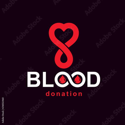 Blood donation inscription isolated on white and created with vector red blood drops, heart shape and infinity symbol. Medical theme graphic logo for use in charitable organizations.