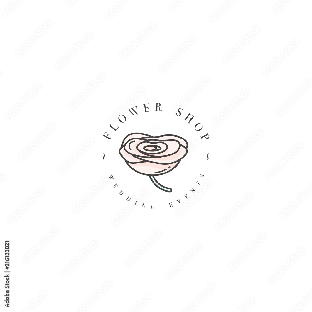 Vector template logo or emblem - wedding events - ranunculus. Logo in trendy linear style.