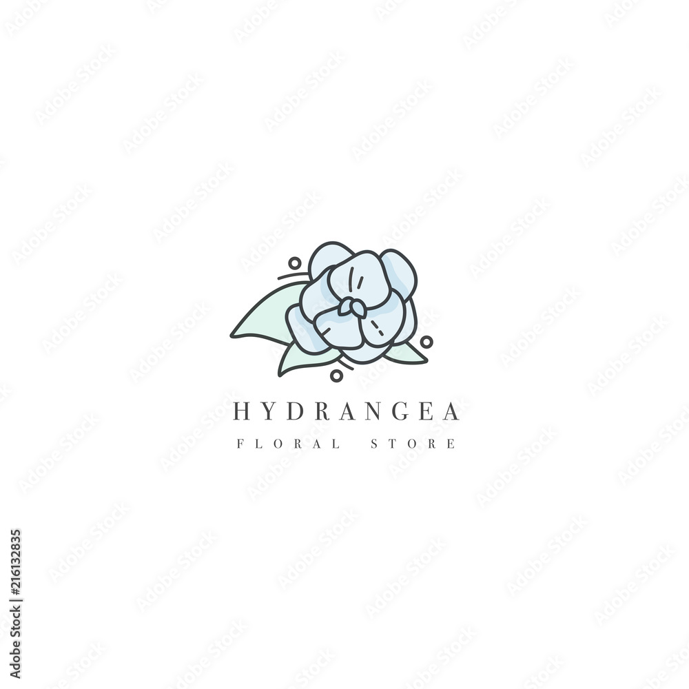 Vector template logo or emblem - floral store - hydrangea. Logo in trendy linear style.