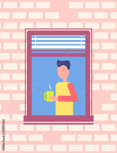 Man Drinking Coffee Stands Open Window, Brick Wall