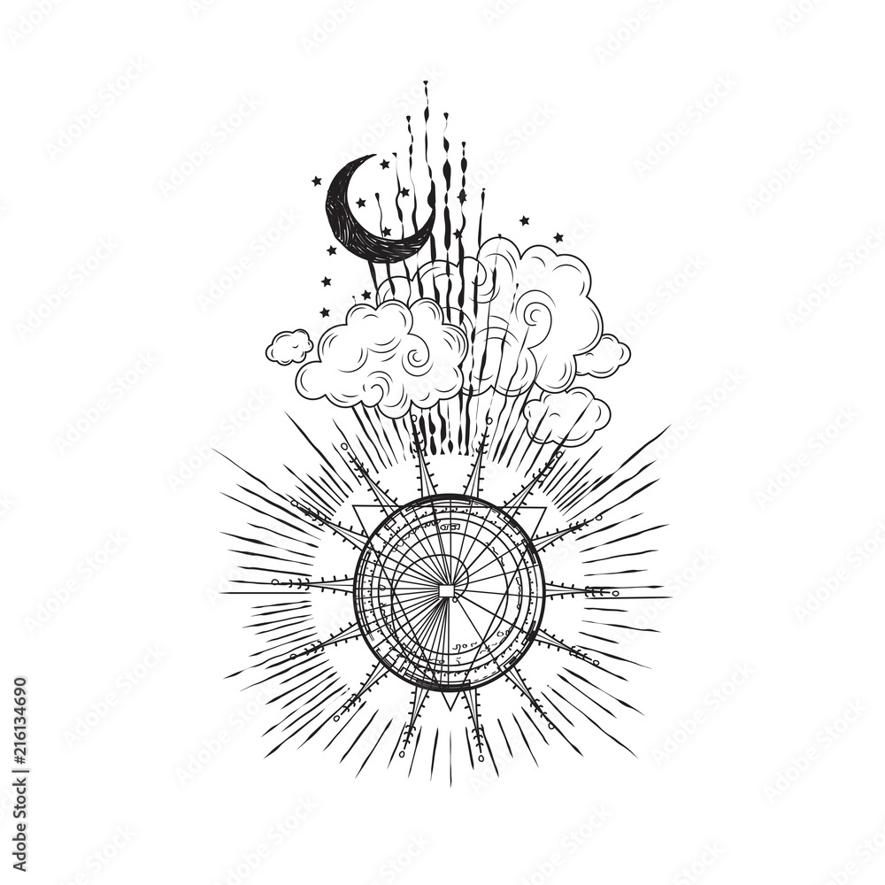 Spiral Sun Moon Cloud Tattoo Design Vector Artwork