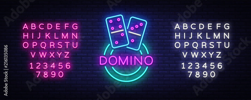 Domino Neon Logo Vector. Domino neon sign, design template, modern trend design, night neon signboard, night bright advertising, light banner, light art. Vector illustration. Editing text neon sign