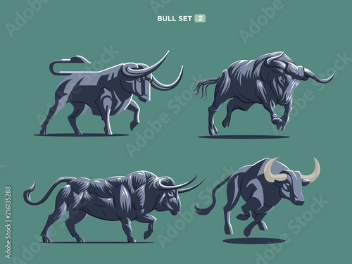 Set of bulls and buffalo in different poses. 