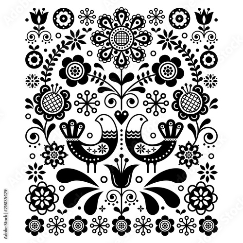 Scandinavian cute folk art vector decoration with birds and flowers, Scandinavian navy black and white floral pattern