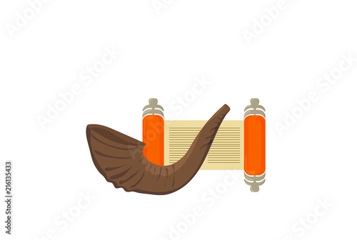 Vector illustration for Yom Kippur and Rosh Hashanah: shofar and open Torah isolated. Yom Kippur banner template.