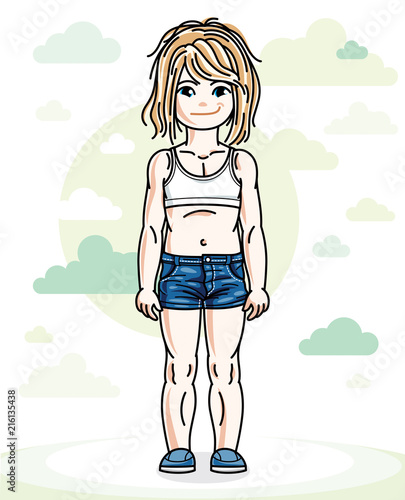 Happy little blonde girl posing on background with blue heavens clouds and wearing fashionable casual clothes. Vector character.