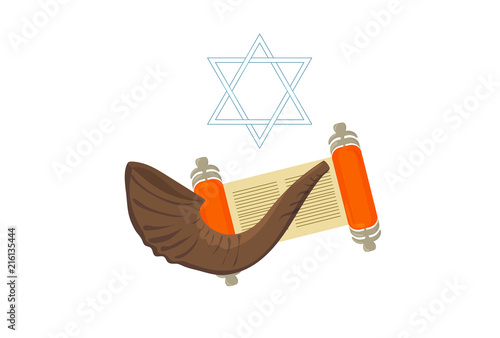 Vector illustration for Yom Kippur and Rosh Hashanah: shofar and open Torah isolated. Yom Kippur banner template.