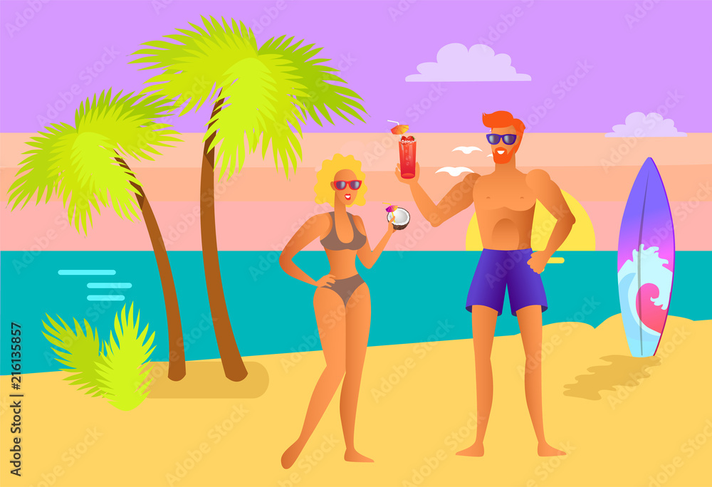 Suntanned Girl and Guy with Cocktails on Beach