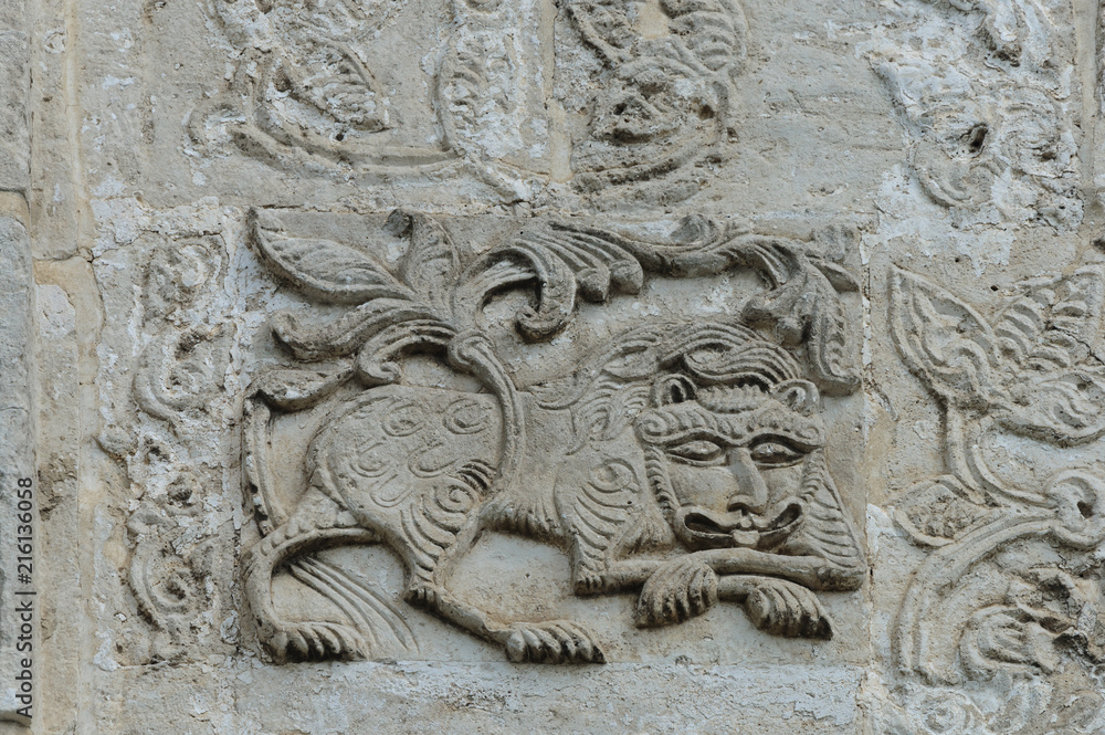 Obraz premium Lion on bas-relief of St George Cathedral in Yuriev-Polsky