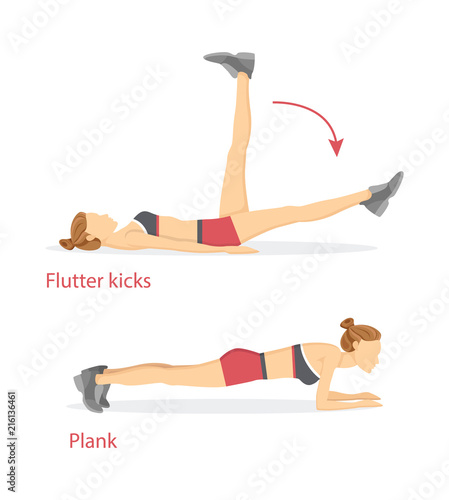 Flutter Kicks and Plank Set Vector Illustration