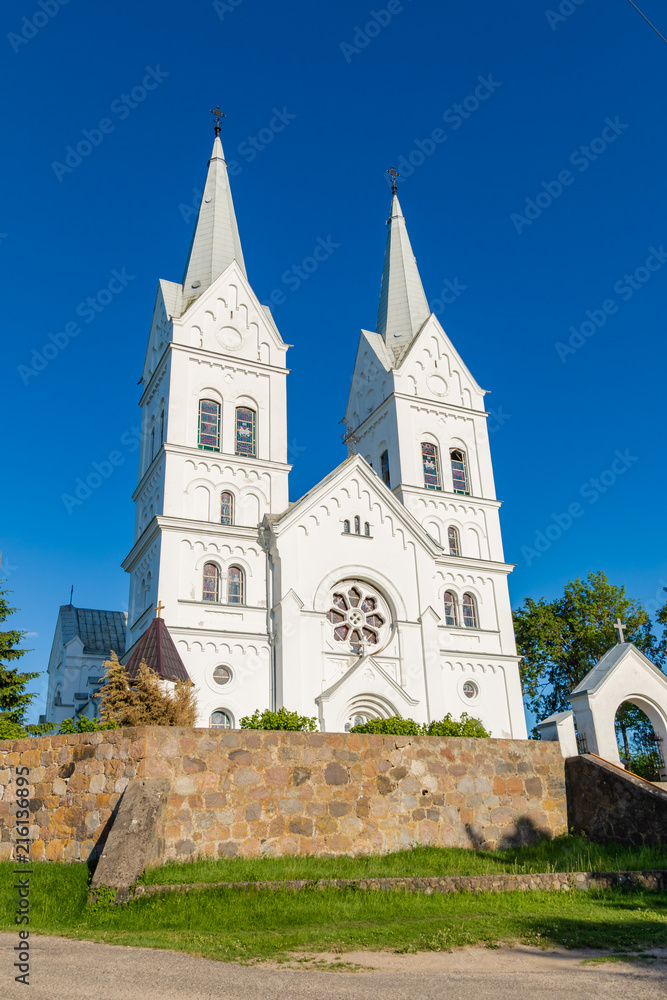 Majestic white Church of the Heart of Jesus in Slobodka, Belarus. The combination of Gothic and Roman style
