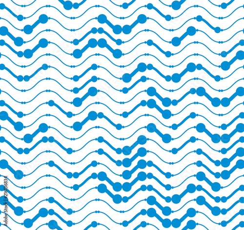 Wavy technical lines seamless pattern, vector abstract repeat endless background, blue colored rhythmic waves.