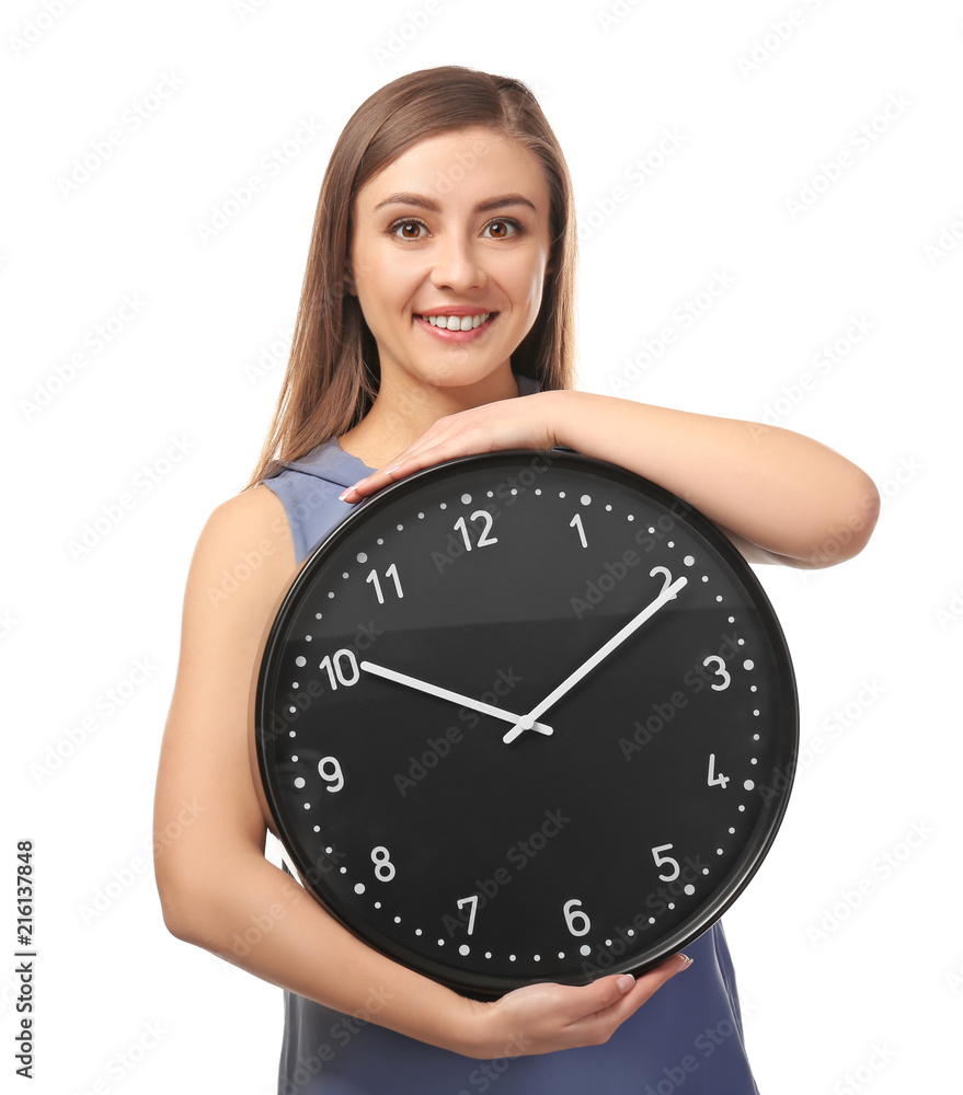 Young woman with clock on white background. Time management concept Young woman with clock on white background. Time management concept