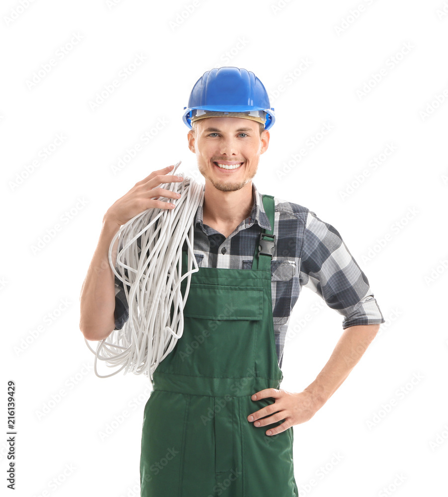 Young male electrician on white background Young male electrician on white background