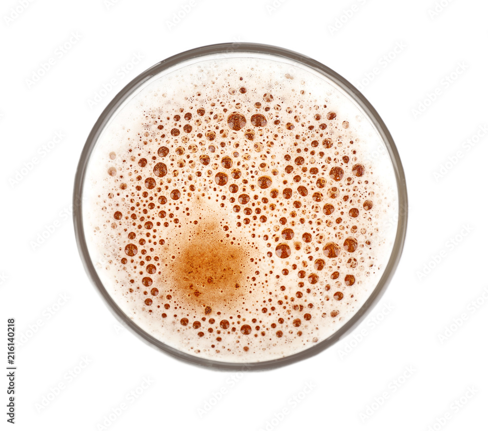 Glass of cold beer on white background, top view Glass of cold beer on white background, top view